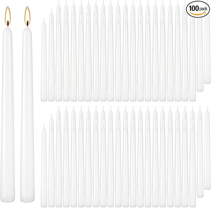 100Pack White Taper Candles, 7-8 Hours Burn Time, Unscented, Smokeless and Dripless, 0.75 x 10 Inch Dinner Candle Set for Household, Wedding, Party and Home Décor Candlesticks