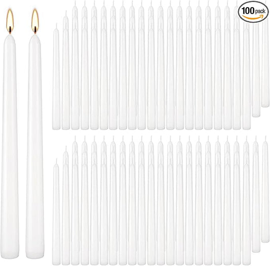 100Pack White Taper Candles, 7-8 Hours Burn Time, Unscented, Smokeless and Dripless, 0.75 x 10 Inch Dinner Candle Set for Household, Wedding, Party and Home Décor Candlesticks