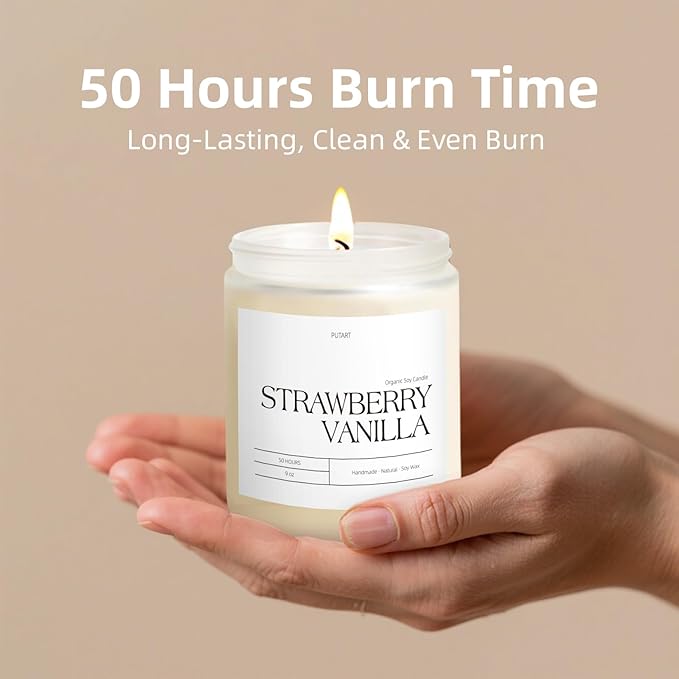 Strawberry Vanilla Highly Scented Candle for Home, 9oz Natural Soy Aromatherapy Non Toxic Candles with Essential Oil, Home Fragrance Stress Relief & Meditation Jar Candles Gifts for Women & Men