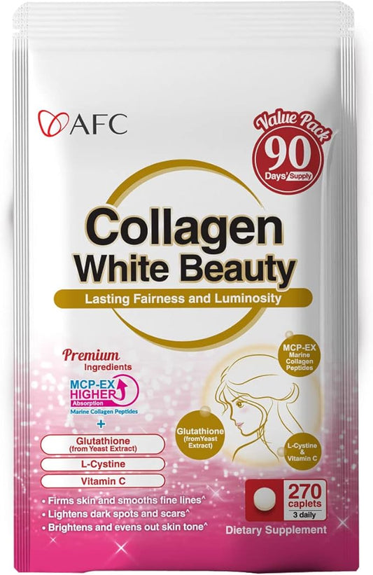 AFC Japan Collagen White Beauty with Marine Collagen Peptide, Glutathione, L-Cystine - 1.5X Better Absorption Than Other Collagen – Supports Skin Firmness & Radiance– 90 Days Supply
