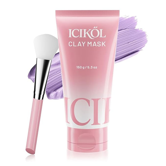 Large Lavender Glow Clay Mask for Face - Mud Mask with BHA & HA for Gentle Exfoliate - Plumping & Pore Minimizing - Sagging-Firming Skin Care Gifts for Women Men with Brush, Purple, 5.3 oz