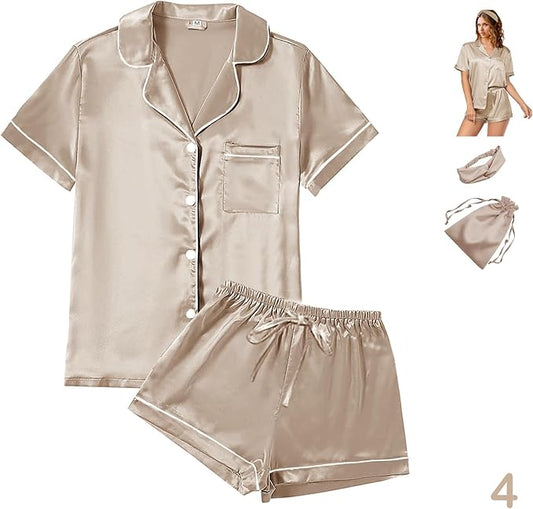 4Pcs Womens Satin Silky Pajama Sets Short Sleeve Shirt XS-4XL Floral Pajamas Set Soft PJ Loungewear Sleepwear