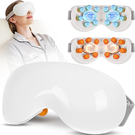Eye Massager with Heat and Cooling for Migraines – 14 Massage Nodes for Eye Strain Relief, Rechargeable Bluetooth Music, Improve Sleep, Birthday & Holiday Gifts for Women and Men (White)