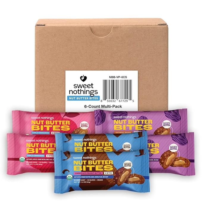 Sweet Nothings, Variety Pack: Chocolate, Apple Cinnamon, and Oatmeal Raisin, USDA Organic Nut Butter Bites Protein 6-2 Bite Value Packs (2 of each flavor) - No Added Sugar, Good Source of Fiber, Only 7 Ingredients