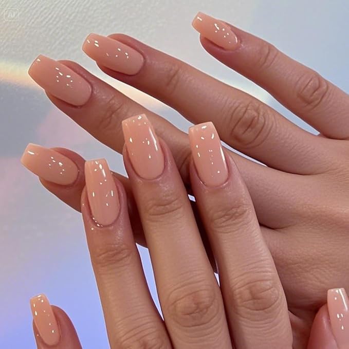 GLAMERMAID Nude Pink Press on Nails Medium Square, Pure White Jelly Soft Gel Nails Square Fake Nails, Glossy Stick Glue on Nails Kit for Women, Reusable Stick on Acrylic Fake Nails Manicure Set