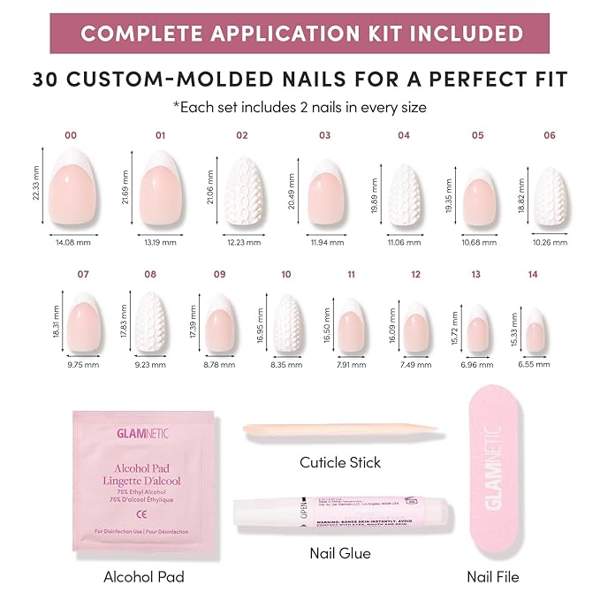 Glamnetic Press On Nails - Sweater Weather | Short Almond Fake Nails with White Glitter French Tips & 3D Designs in a Glossy Finish, Salon Quality Winter Nails | 15 Sizes - 30 Nail Kit with Glue