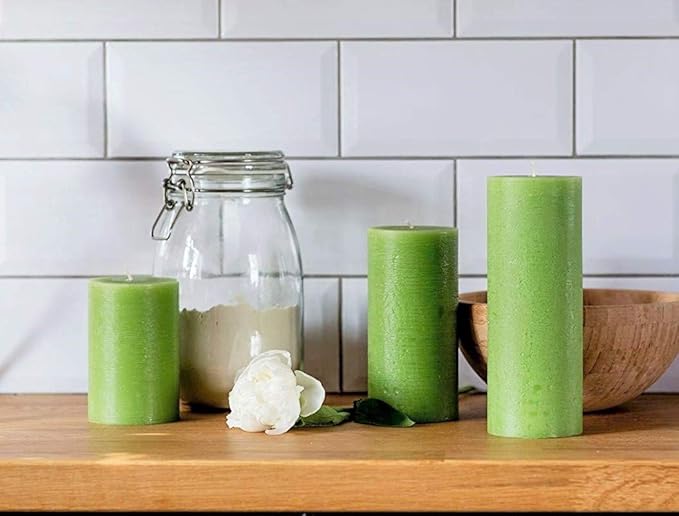 Set of 3 Pillar Candles 3" x 6" Unscented Handpoured Weddings, Home Decoration, Restaurants, Spa, Church Smokeless Cotton Wick - Green