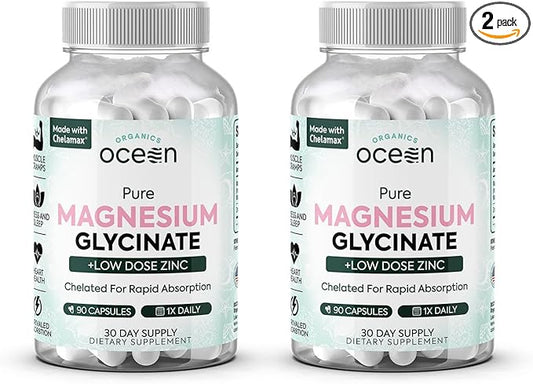 Organics Ocean Pure Magnesium Glycinate with Zinc - Maximum Strength Chelated Magnesium Supplement for Women and Men for Muscle Cramps and Sleep Support - 2 Bottles