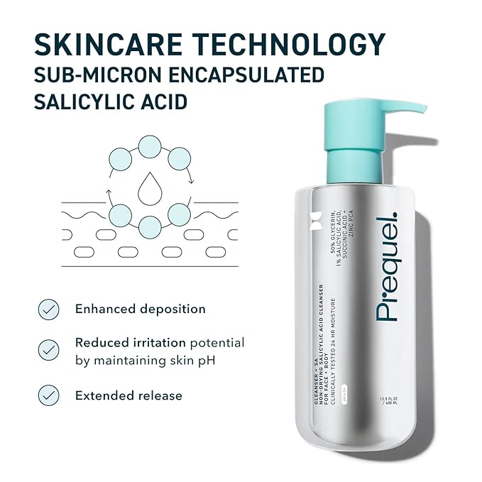 Prequel Skin Gleanser SA, Moisturizing Glycerin Face Wash,1% Salicylic Acid Face Cleanser, Unscented and Combination Skin Face Soap, 13.5 ounce (each) Pump Bottles - 6.75 fluid ounce (Pack of 2)