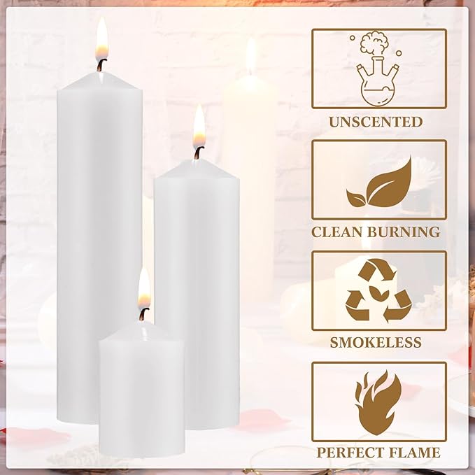 MTLEE Set of 72 White Pillar Candles 2 x 3, 2 x 6, 2 x 8 Inch Smokeless and Dripless Unscented Large Candles Long Clean Burning Rustic Pillar Candle for Wedding Dinner Home Decor