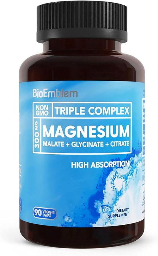 BioEmblem Triple Magnesium Complex | 300mg Magnesium Glycinate, Malate & Citrate | High Absorption Chelated Formula | Vegan, Non-GMO, Gluten-Free | 90 Capsules