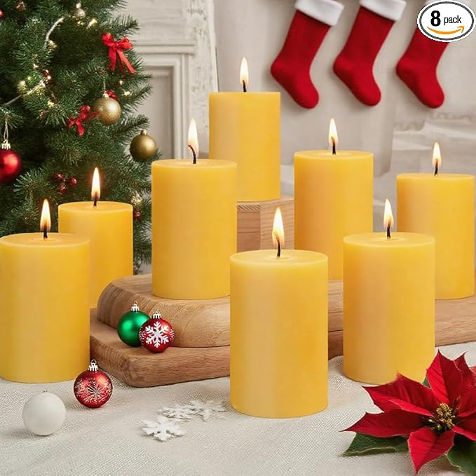 8 Packs Natural Beeswax Pillar Candles, 2x3in Organic Pillar Candles-256 Hours Pure Beeswax Candles Long Burning Time Smokeless Dripless Bees Wax Candle for Home Paryer Relax
