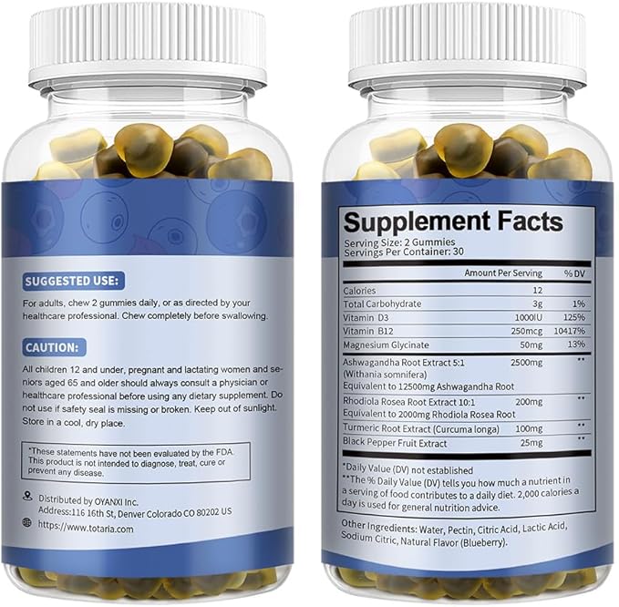 Sugar Free Ashwagandha Filled Gummies w/Vitamin D3, Magnesium Glycinate, Rhodiola, Ultra Strength Ashwa Root Supplements for Women & Wen, for Relaxation, Energy, Cortisol Gummies
