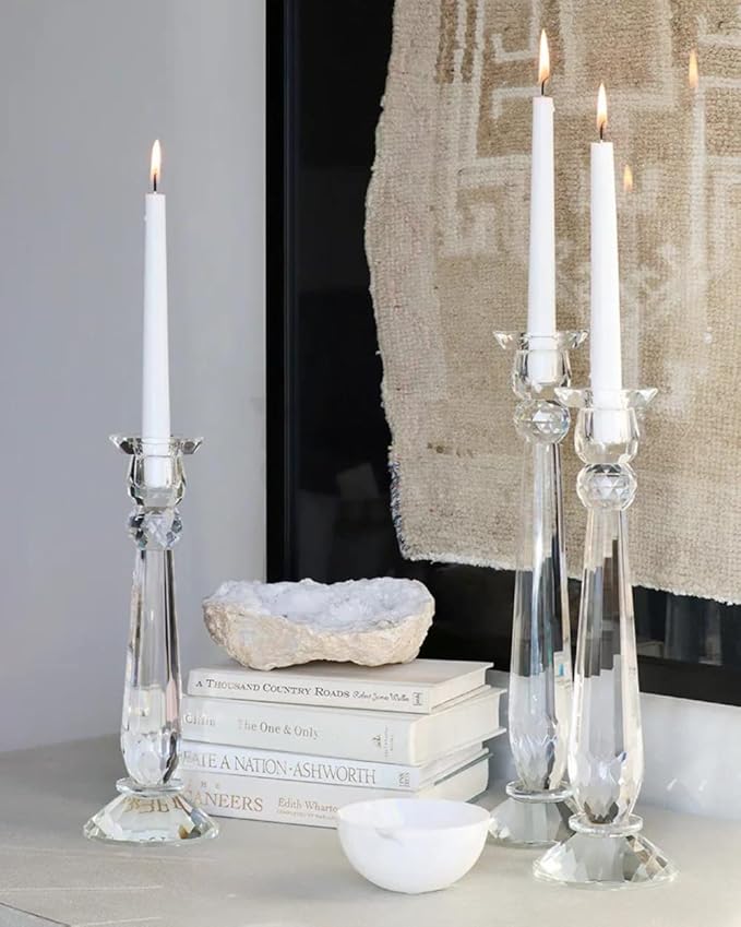 Crystal Candlesticks — by Alice Lane Home Collection — Set of 3 — Decorative Candle Holders — Classic Design for Weddings, Dining and Party — Timeless Home Decor — for Tapered Candles — Size S, M & L