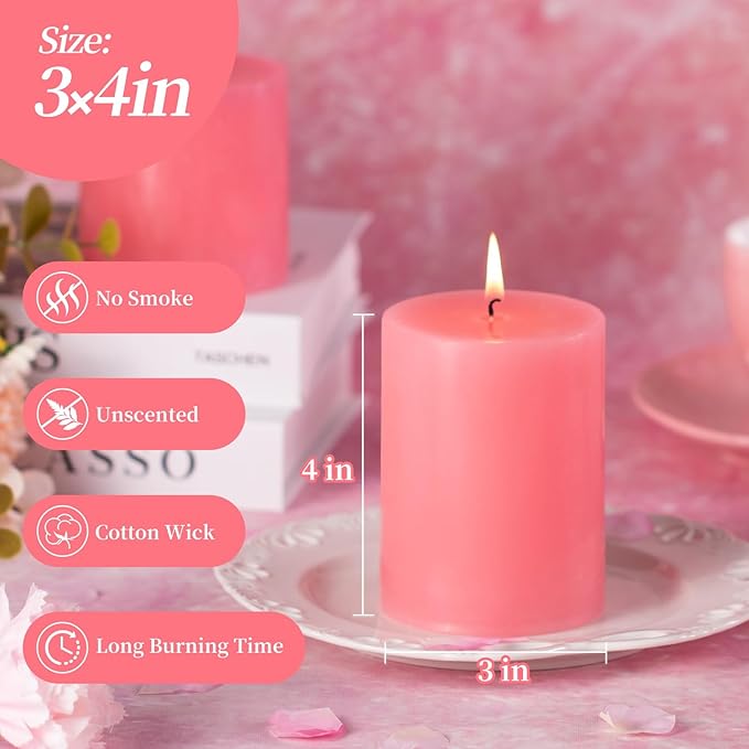KONNI Pink Pillar Candles Set of 3, 3"x 4" Unscented Pillar Candles Bulk, 39 Hours Long Burning Candles, Smokeless&Dripless Large Round Candle for Wedding, Home Decoration, Parties, Spas, Dinner