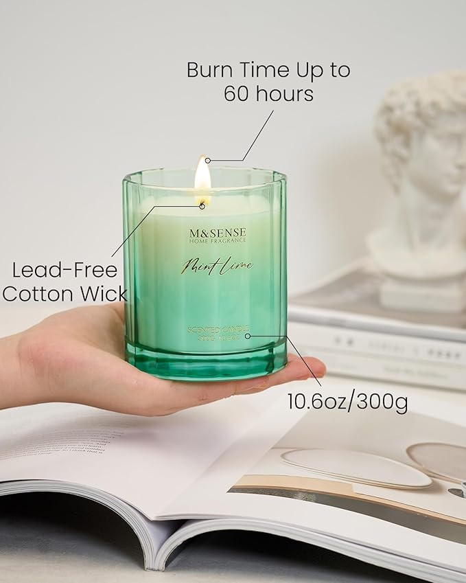 M&SENSE Mint Scented Candle - 10.6oz Natural Soy Wax 60-Hour Long Lasting Burn Time Non Toxic Relaxing Candle for Summer, Yoga, Spa & Stress Relief for Family Friends