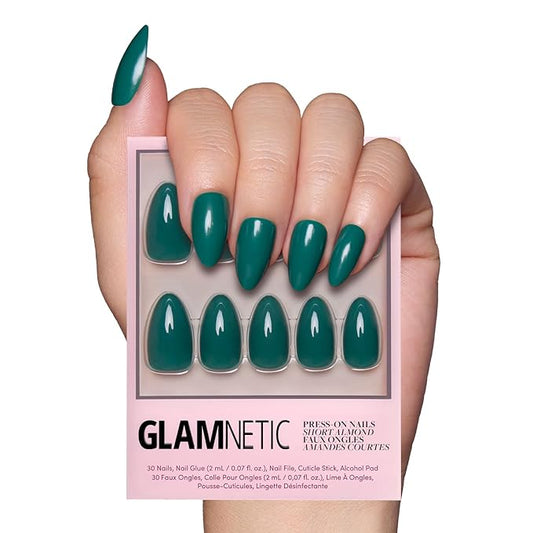 Glamnetic Press On Nails - Emerald Green | Opaque Cool Tone, Deep Emerald Green Short Almond Fake Nails, Salon Quality | 15 Sizes - 30 Nail Kit