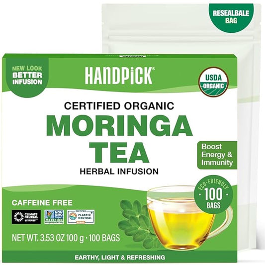 HANDPICK, Organic Moringa Tea Bags (100 Count), Pure Moringa Leaves | Authentic Indian Origin | Caffeine Free, Non GMO | Earthy, Light & Refreshing | Round Eco-conscious Teabags