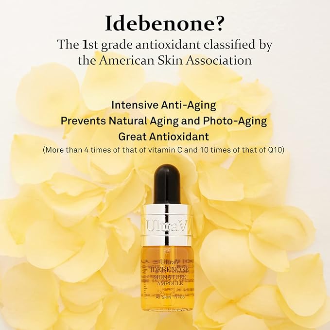 Ultra V Idebenone Signature Ampoule - Anti Aging Antioxidant Serum – Peptides, Niacinamide, Hyaluronic Acid – Anti Wrinkle, Smoothes, Softens Skin - 0.27 fl.oz 4 Packs 12,000ppm