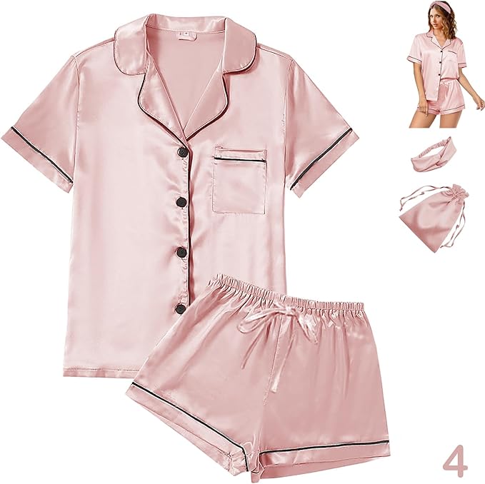 4Pcs Womens Satin Silky Pajama Sets Short Sleeve Shirt XS-4XL Floral Pajamas Set Soft PJ Loungewear Sleepwear