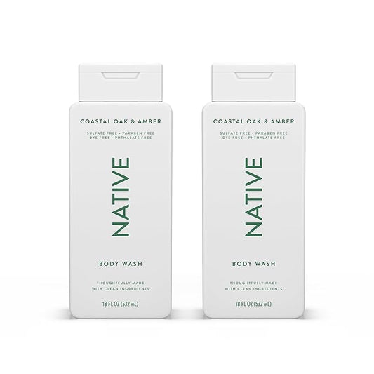 Native Body Wash Contains Naturally Derived Ingredients | For Women & Men, Sulfate, Paraben, & Dye Free Leaving Skin Soft and Hydrating | Coastal Oak & Amber 18 oz - 2 Pk