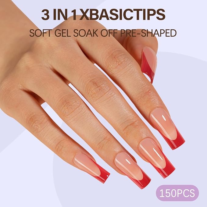 Misssix XBASICTIPS Red French Tip Press On Nails, 150Pcs French Gel Nail Tips Long Square, Soft Gel Pre-shaped No Need to File 3 in 1 Tips, Fake Nails for Nail Art DIY Extension Designs 15 Sizes