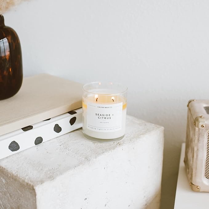 Calyan Wax Co. Seaside & Citrus 2 Wick Scented Candle - 37 Hour Burn - Luxury Non Toxic Soy Wax Candles - Long Lasting Large Glass Jar Candle for Home - 8.8oz