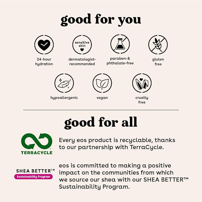 eos Shea Better Body Lotion Vanilla Cashmere, 24-Hour Moisture Skin Care, Lightweight & Non-Greasy, Natural Shea, Vegan, Vanilla Body Lotion, 16 fl oz