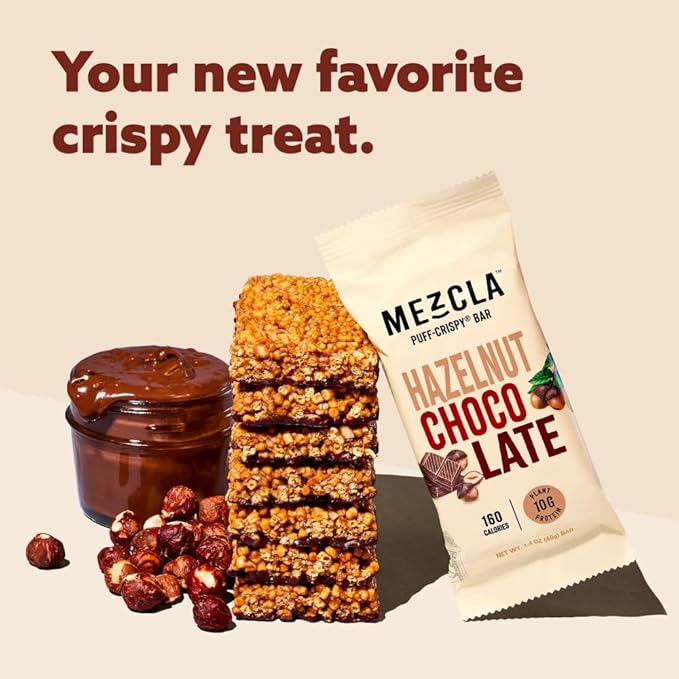 Mezcla Puff Crispy Protein Bars, Gluten Free & Vegan Protein Bars, 10g Protein, Alt for Crispy Rice Treat, Granola Bars & Breakfast Bars, Healthy Snacks for Adults, Hazelnut Chocolate, 12 Pack