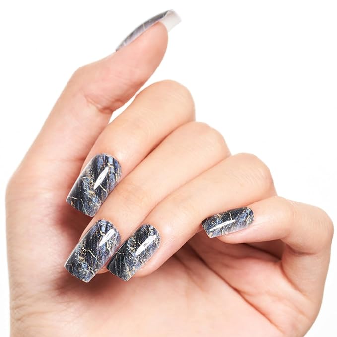 GLAMERMAID Ombre Press on Nails Medium Square, Fall Peacock Blue Marble Jelly Soft Gel Nails Square Fake Nail, Glossy Stick Glue 0n Nail Kit for Women, Reusable Stick on Acrylic Fake Nail Manicure Set