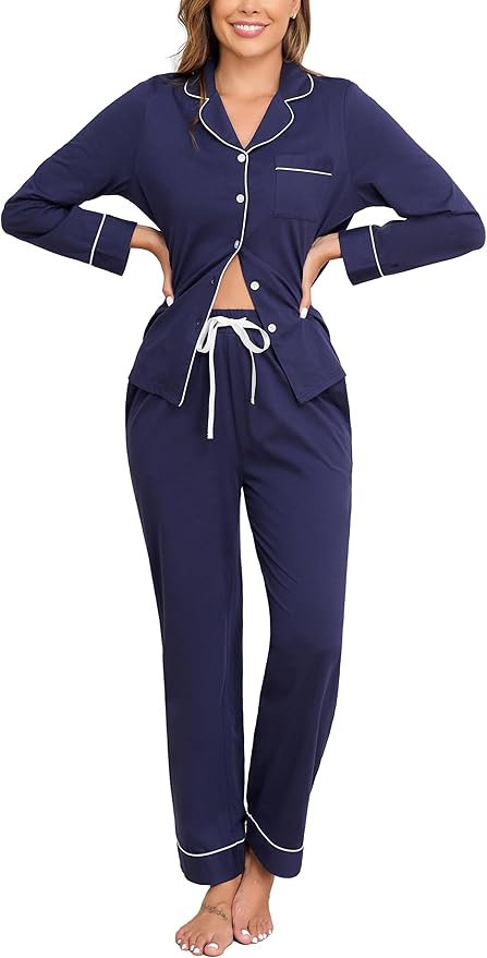 Veseacky 100% Cotton Pajamas for Women Set Long Sleeve Button Down Sleepwear Soft Pjs Lounge Sets with Pockets S-XXL