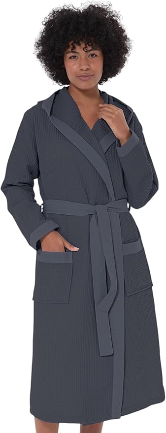 SEYANTE Women’s Luxury Waffle Shawl Collar, Hooded Robe w Piping – Lightweight, Long, Ultra Soft Spa Sleepwear Bathrobe