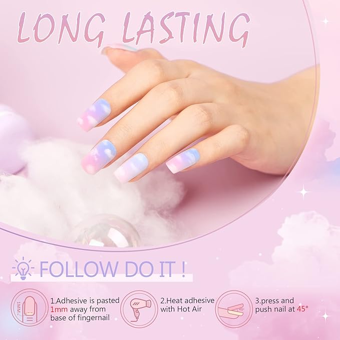 GLAMERMAID Blue Purple Pink Ombre Press on Nails Medium Square, Light Green Cloud Dull Polsih Gel False Nals with Design, Glue on Nails Kit for Women, Reusable Stick on Acrylic Fake Nails Manicure Set