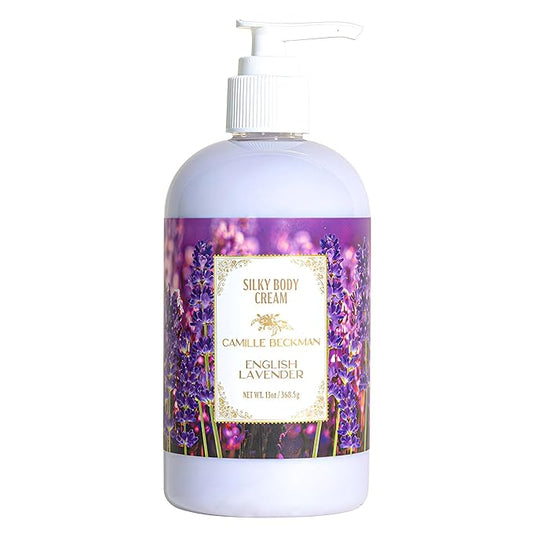 Camille Beckman English Lavender Scented Silky Body Cream, Daily Moisturizer for All Skin Types | Non-Greasy Vegan Formula to Nourish and Soften Hands and Body, 13 Ounce