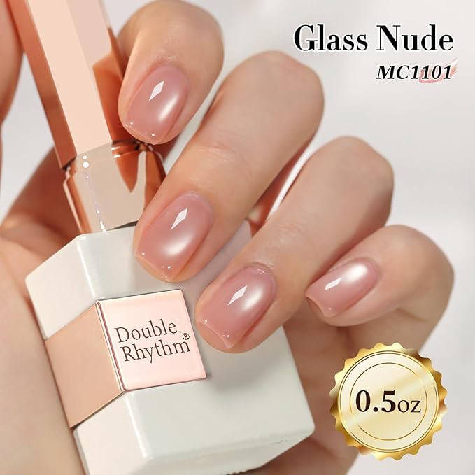 Double Rhythm Jelly Glass Cat Eye Gel Polish with Magnet 15ML Holographic Glitter Shimmer Translucent Sheer Color Magnetic Nail Polish Salon DIY at Home (Jelly Glass Nude-MC1101)