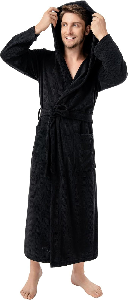 DAVID ARCHY Men's Robe Long Sleeve Lightweight Knit Bathrobe,Comfort Knee Length Hood Sleepwear