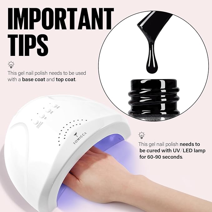 TOMICCA Black Gel Nail Polish, 15ml Black Nail Polish Fast Dry Soak Off UV LED Cure Needed Pure Color Long Lasting Nail Art Manicure Salon DIY Design