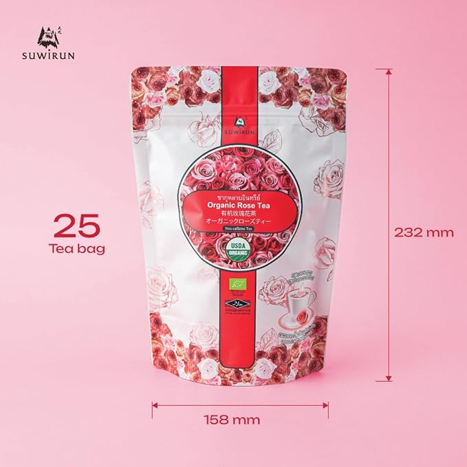 Suwirun Organic Rose Tea 25 Bags – 100% Pure Rose Petals – Delicate Floral Aroma, Naturally Caffeine-Free – Relaxing Herbal Tea, Enjoy Hot or Cold