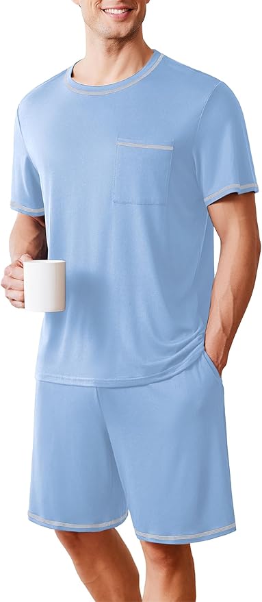 Ekouaer Men's Pajamas Set Casual Short Sleeve Shirts and Shorts Soft 2 Piece Loungewear With Pockets
