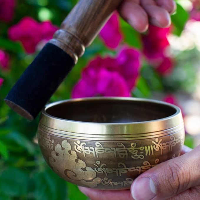 Tibetan Singing Bowl Set – Bronze Master Grade with Pure Tone & Thangka Art – Handmade in Nepal by Himalayan Bazaar (Gold & Yellow)