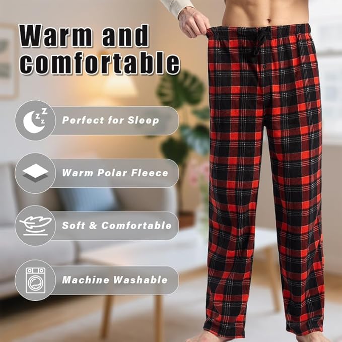 3 Pack Men's Fleece Pajama Pants Bottoms– Lounge Sleepwear Plaid PJs with Pockets and Button Fly