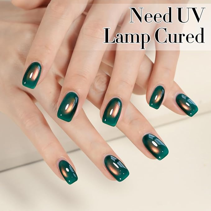 Double Rhythm 0.5 OZ Cat Eye Gel Polish with Magnet 15ML Holographic Glitter Shimmer Translucent Jelly Color Magnetic Nail Polish Salon DIY at Home (Golden Green-MC1287)