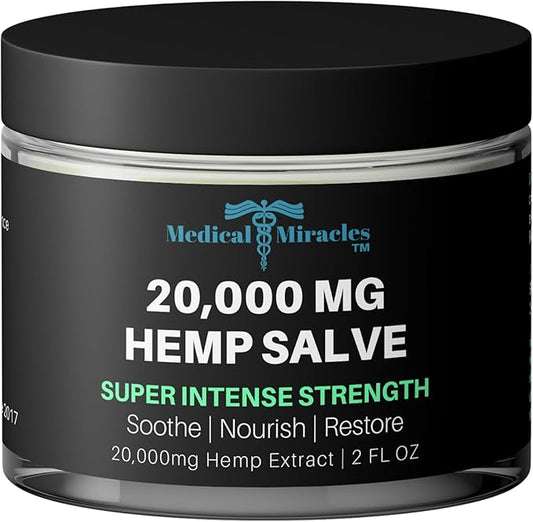 Medical Miracles New Hemp Salve Super Intense Strength 20,000 MG. Ideal for HIPS, Joints, Neck, Back, Elbows, Fingers, Hands, and Knees. 100% Natural - Proudly Made in USA