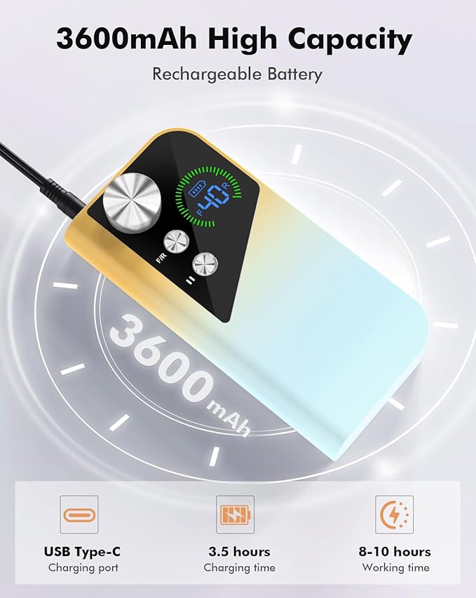 Nail Drill 40000RPM - Rechargeable Nail File with Bits, Professional E-Filer for Acrylic Nails, Gel Polishing, Manicure & Pedicure E File with Large HD LCD Screen - M96 Yellow