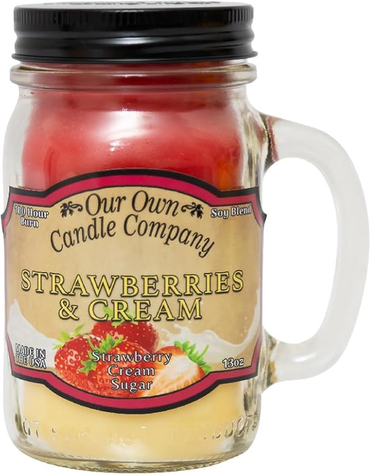 Our Own Candle Company, Strawberries & Cream Scented Mason Jar Candle, 100 Hour Burn Time, Made in The USA - 13 Ounces