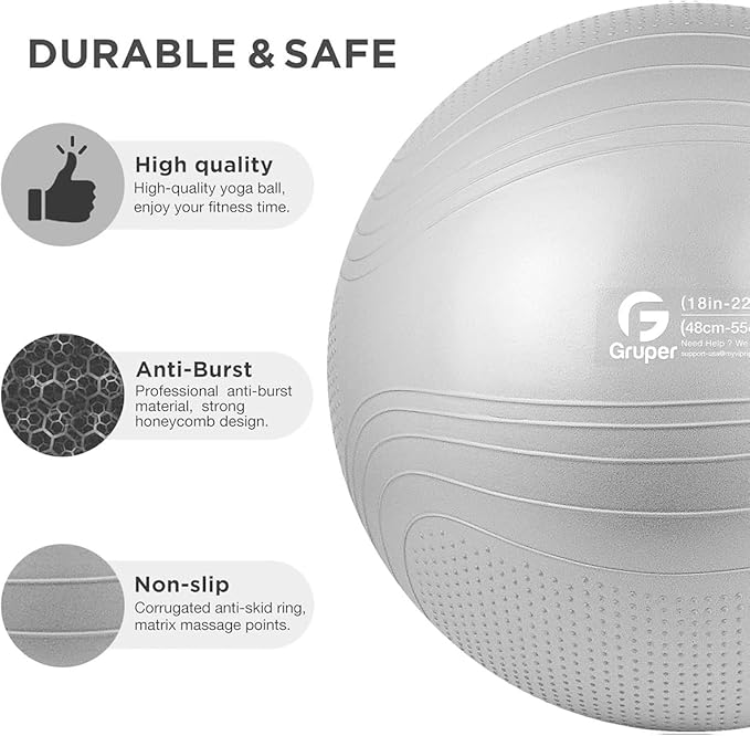 Gruper Yoga Ball, 18-30 Inch Extra Thick Exercise Ball for Workout Fitness Balance, Anti Burst Chair for Home and Office Desk, Includes Hand Pump & Workout Guide Access