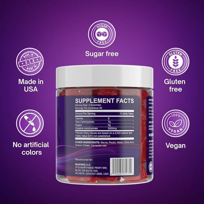 Sugar Free Creatine Gummies 5000mg — 22% More Strength, 7X Energy, 3X Absorption & Muscle Recovery, Cognitive Health — 99.9% Pure Vegan Creatine Monohydrate Gummies for Men and Women (30-Day Supply)