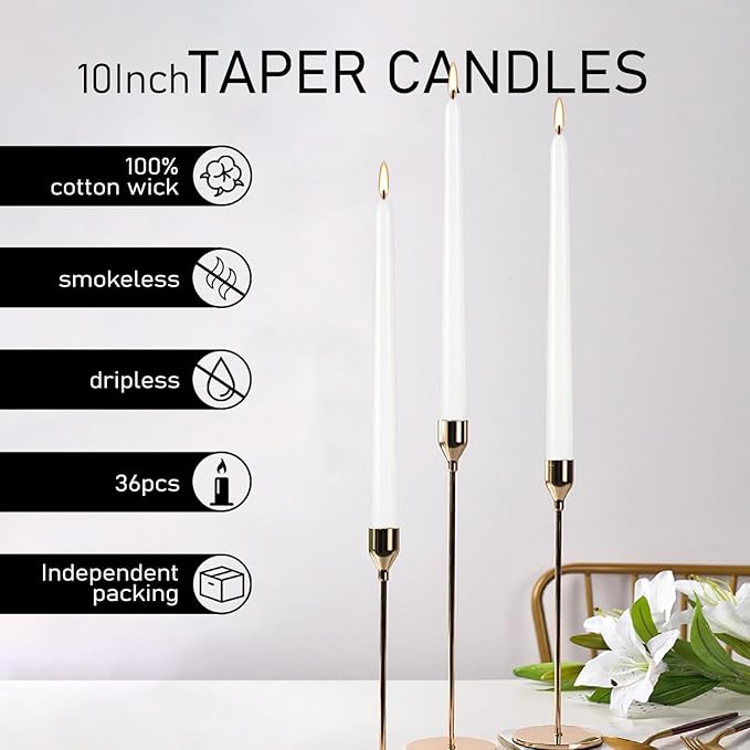 36 Pack White Taper Candles, 7-8 Hours Burn Time, Unscented, Smokeless and Dripless, 0.8 x 10 Inch Dinner Candle Set for Household, Wedding, Party and Home Décor Candlesticks