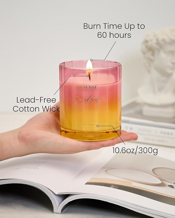 M&SENSE Grapefruit Scented Candles for Home, 10.6oz 60 Hours Non Toxic Natural Soy Candles in Glass Long Lasting Slow Burning, Unique Luxury Gifts Cozy Room Decor for Women Men