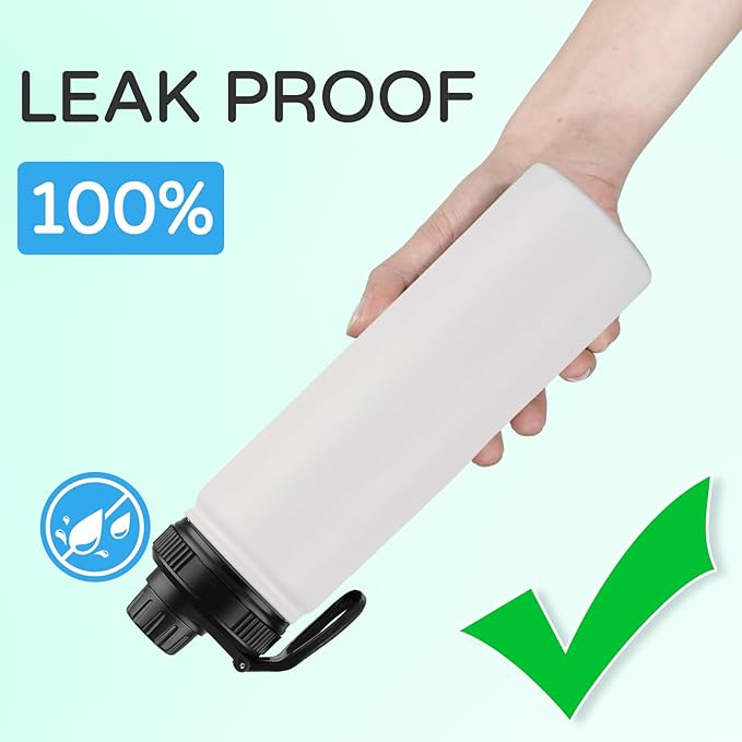 DOMICARE Insulated Water Bottle, 22 oz Vacuum Insulated Stainless Steel Reusable Sports Bottle with Straw Lid & Spout Lid for Travel, Camping, Bike, Leakproof, White, 1 Pack